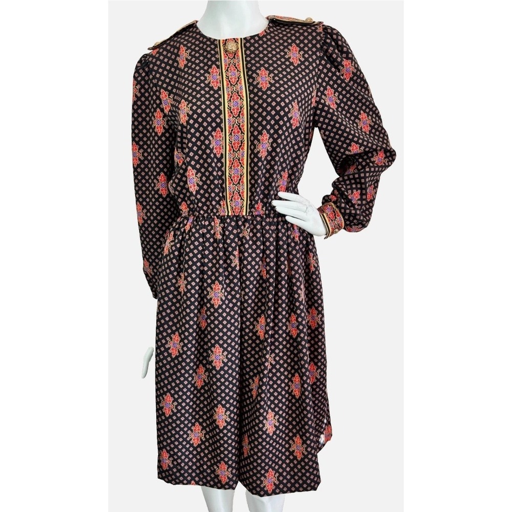 80s Lady Carol Dress Size 10 Black Print Long Sleeve Epaulette Buttons Blouson